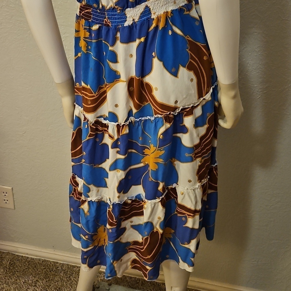 ALEX and PARKER Tropical Blue Floral Sleeveless Tiered Shirt Tiki Dress - Picture 10 of 13